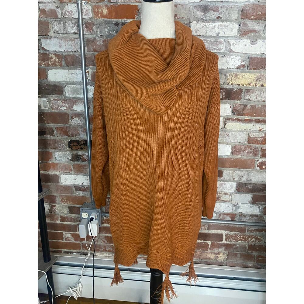 Gambina Cowl Neck Tassel Hem Sweater Tunic Rust Orange Boho Knit Size S